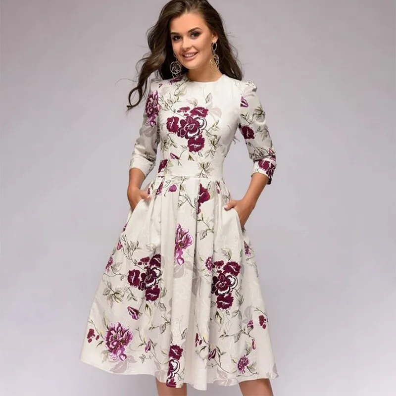 

Print Floral Office Dress Women Summer 2019 Elegant Vintage Dress Plus Size Ladies Long Sleeve Tunic Midi Dress For Women 3XL
