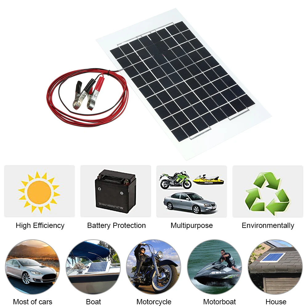

12V 10W 38 X 22 CM PolyCrystalline Transparent Epoxy Resin Solar Panel With Alligator Clip Wire Car Accessories Car Styling
