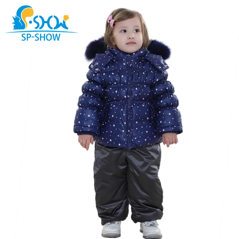 

SP-SHOW Winter Children Unisex Two-Piece For 2-7 Age Natural fox fur Hooded Down & Parkas Snowsuit Luxury Brand 1290