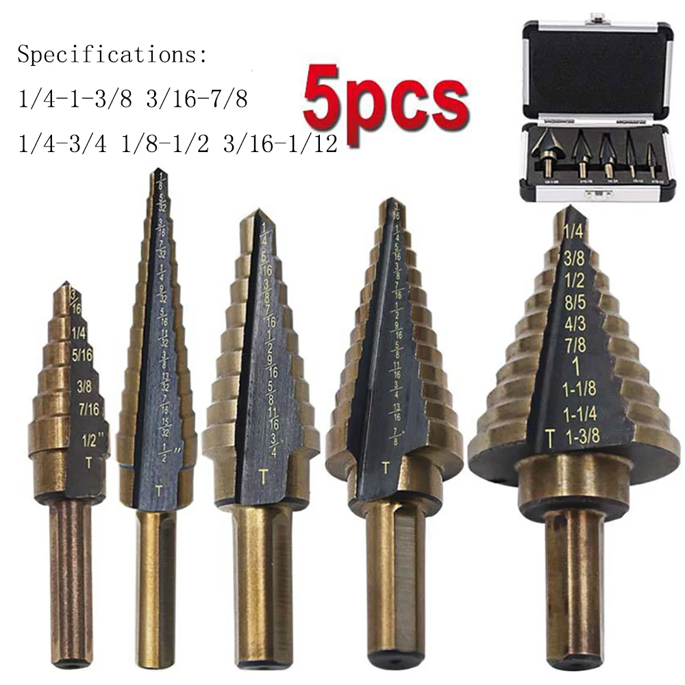 

5Pcs English Ladder Drill Bit Set High Dpeed Aluminum Boxed Stepped Drill Steel Triangular Shank Steel Step Drill Bit