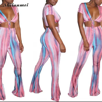 

2019 Spring Tie Dye Print Deep V Neck Long Jumpsuit Two Piece Set Boot Pant Evening Party Sexy Club Short Sleeve Jumpsuit