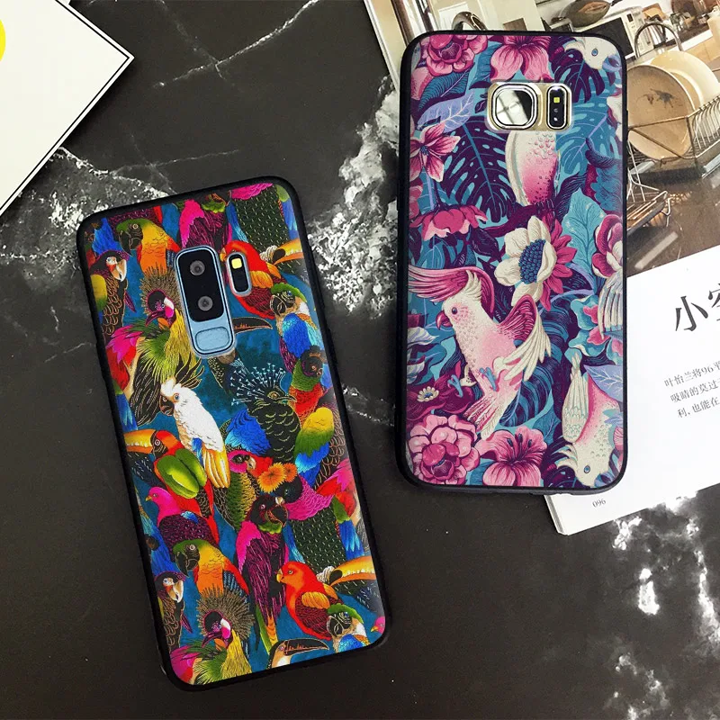 

Flora Fauna Art Colorful parrot Soft Silicone Phone Case Cover Shell For Samsung S7 Edge S8 S9 Plus Note 8 9