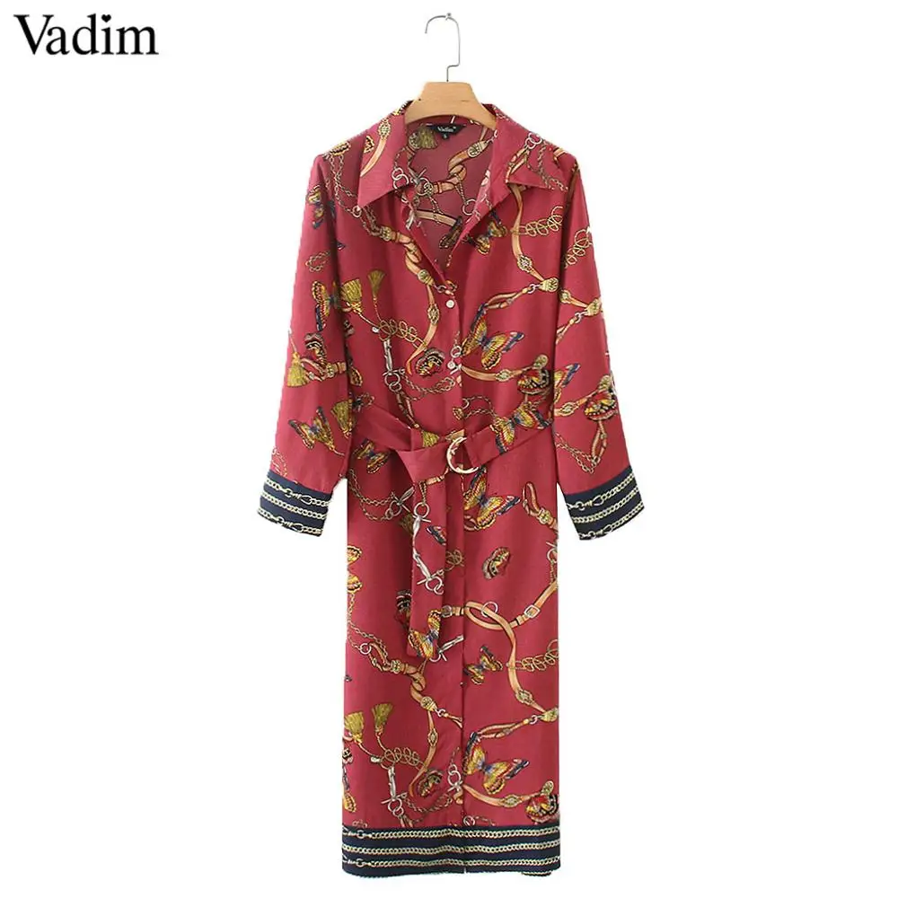 Vadim женское винтажное платье миди с принтом в виде цепочки, галстук-бабочка, пояс, длинный рукав, Боковой разрез, Ретро стиль, женские повседневные платья, vestido mujer QA564 - Цвет: Wine Red