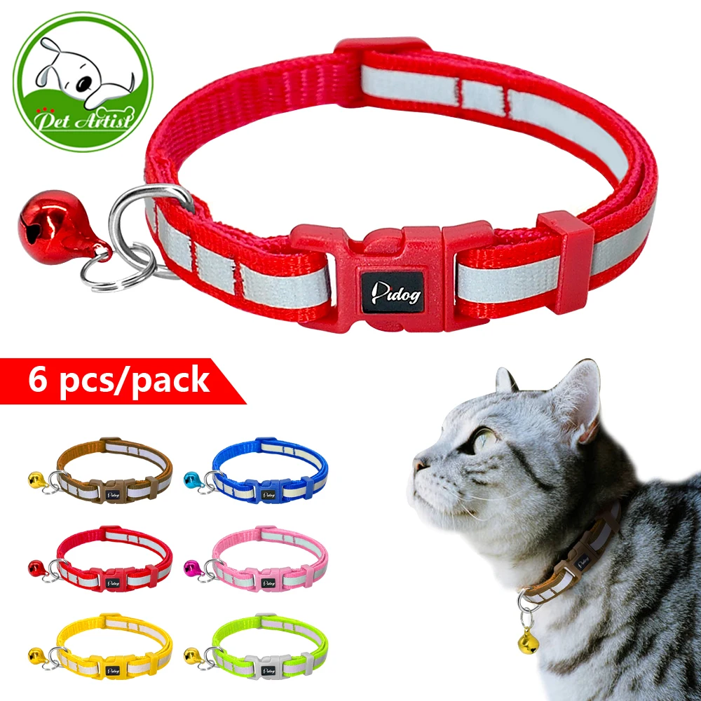 

6pcs/set Reflective Nylon Kitten Cat Puppy Dog Collar Adjustable Small Pet Dogs Cats Animals Collars With Bell Mixed Colors