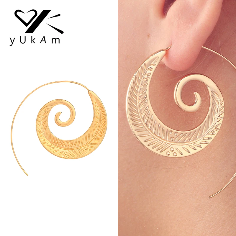 

YUKAM New Punk Big Exaggerated Spiral Earrings Boho Circle Creole Hoop Earrings Gold Swirl Leaves Earrings for Women Ear Jewelry