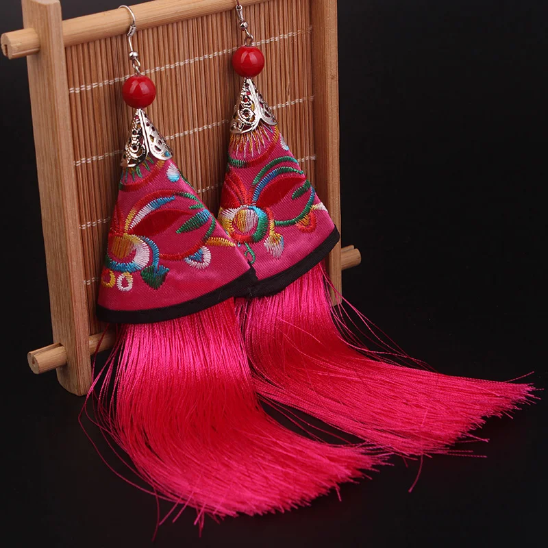 

8 colors Chinese wind Jewelry Handmade tassel earrings, women vintage dangle earrings long fringe Ethnic earrings embroidery