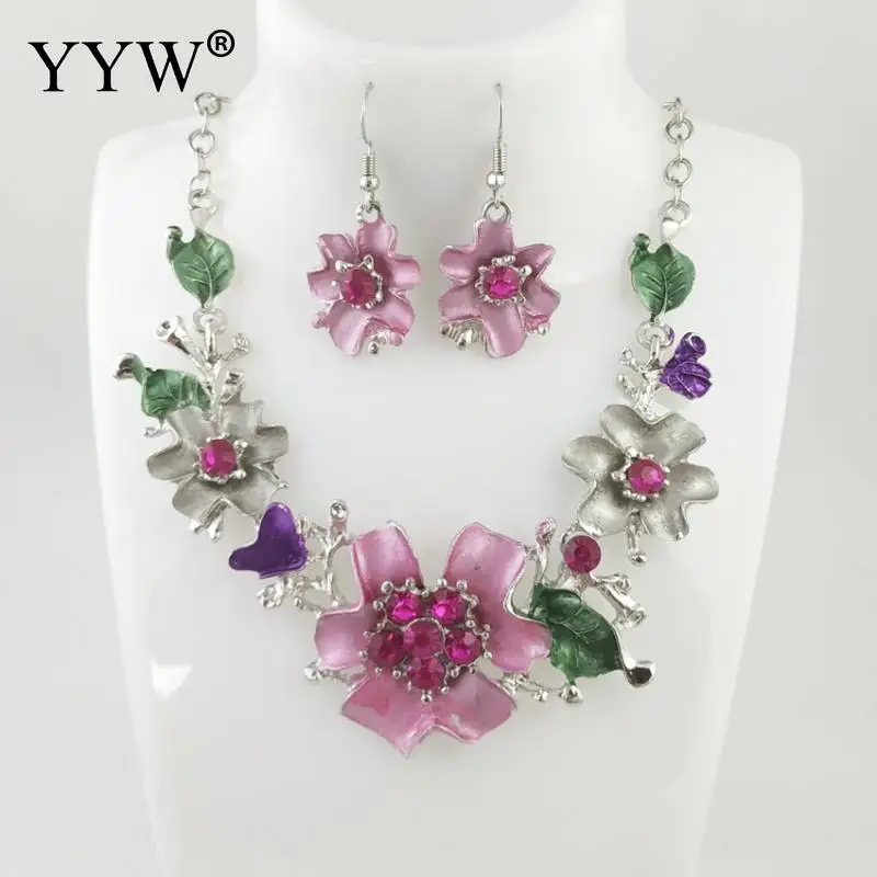 

Personality Multicolored Flower Exquisite Stud Earring Necklace Women Jeewelry Sets Bouquet Classical European Style Bijoux