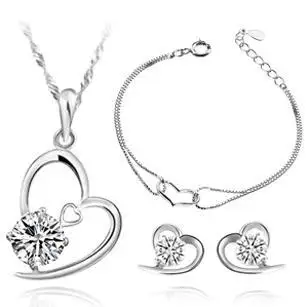 

2017 new arrival fashion love heart crystal 925 sterling silver jewelry sets bracelets stud earrings pendant necklaces wholesale