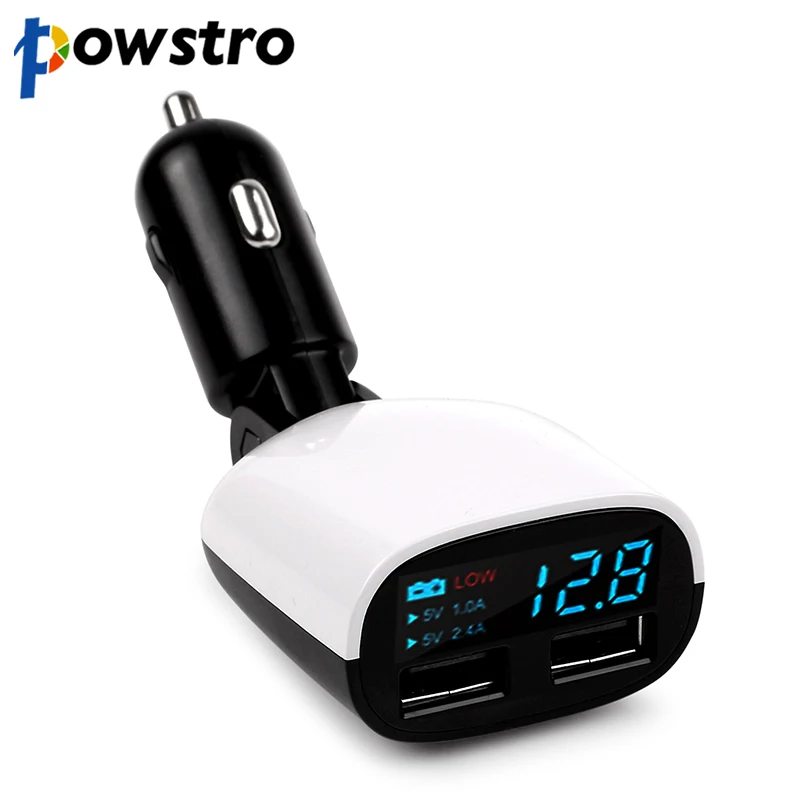 powstro Dual USB 5V 2.4A+1A Car Charger Adapter LED Voltage Monitor Display For iPhone 5 6 6S