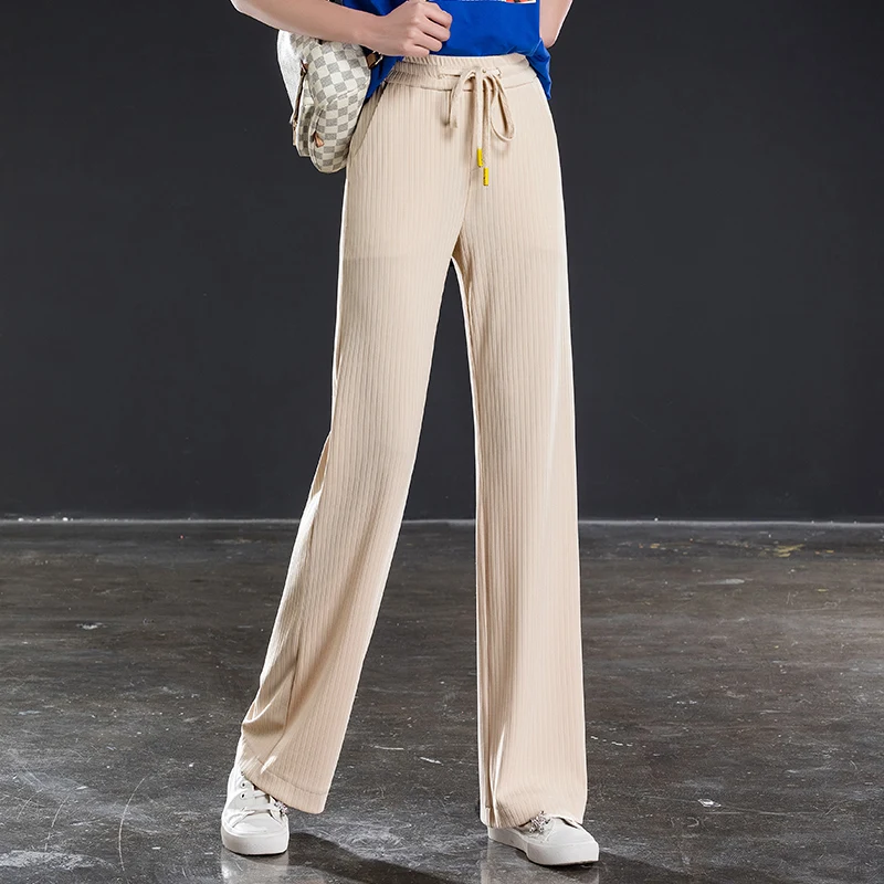 

Vertical stripes knit wide leg pants female summer new high waist loose large size pants elastic waist drop straight trousers