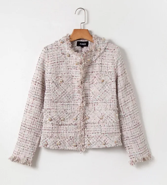 Tweed Hiver Beige Classique Office Automne Vintage De Manteau Haute Chan 2018 Élégant Lady Haut Gland Veste Gamme Perle Couture 5qtf4