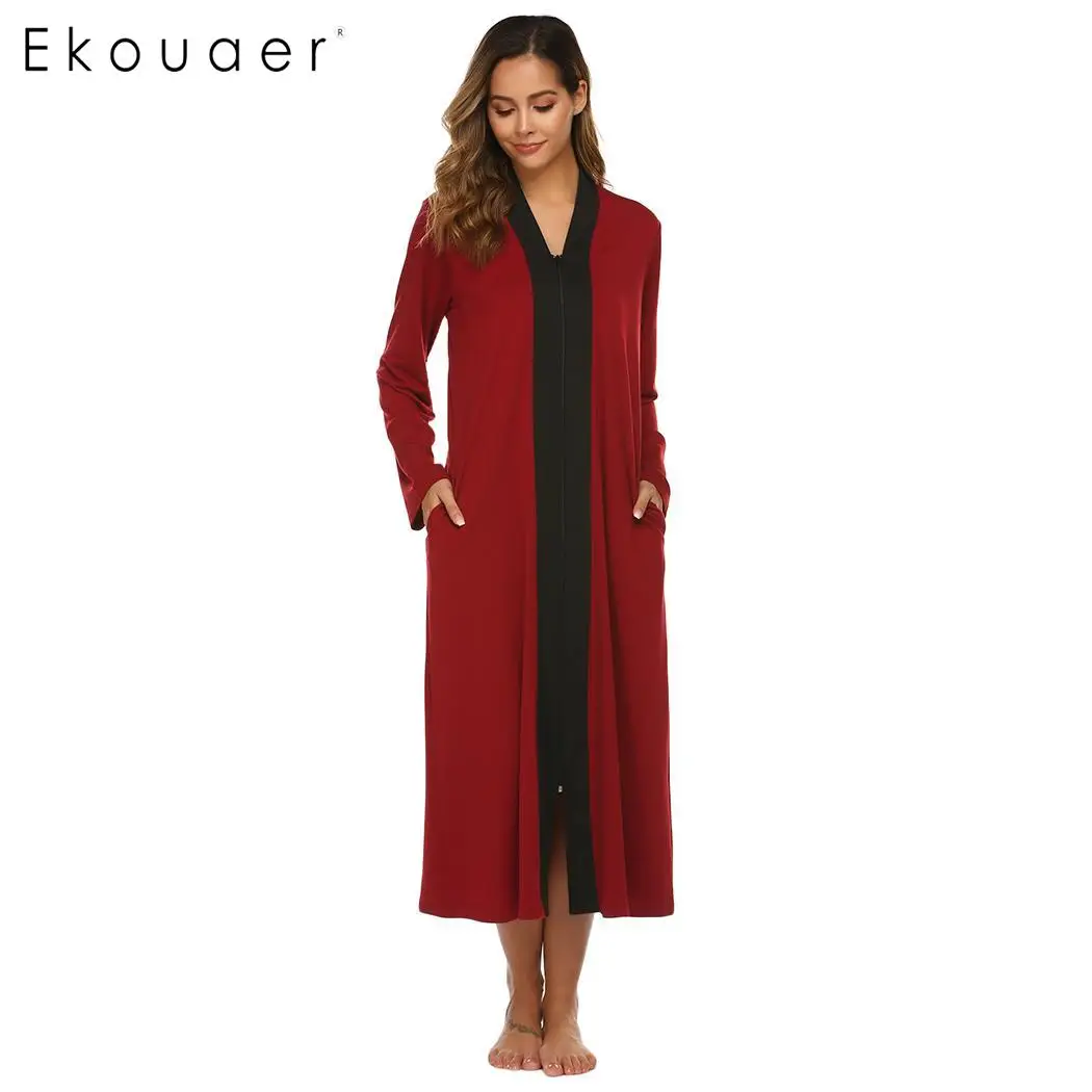 Ekouaer Women Sleepwear Long Robe V-Neck Long Sleeve Dressing Gown Solid Zipper Loose Bathrobe Spa Bathroom Robes Homewear