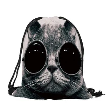 20PCS / LOT Women Drawstring Bags 3D Cartoon Cat Printing Travel Backpack Portable Softback Pouch Travel Pouch Wholesale