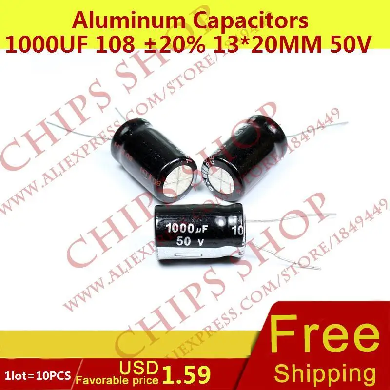 1LOT 10PCS Aluminum Capacitors 1000uF 108 20 13 20mm 50V 1000000nF 1000000000pF Diameter13mm