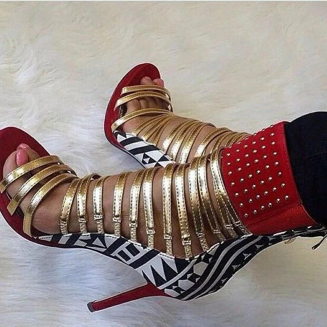 Multi color gold strappy peep toe high cut sandal bootis rivets wide ankle strap printed leather 