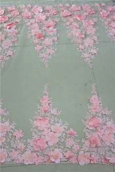 

2019 3D Pink flowers embroidery lace fabric, Lace Fabric for wedding, french lace wedding fabric, flower embroidery chiffon lace