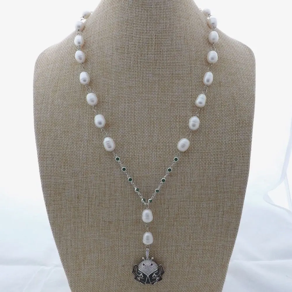 

M011911 Pearl Beetle CZ Pave Pendant Necklace