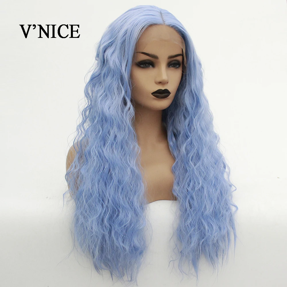 V'NICE Sky Blue Synthetic Lace Front Wig Natural Hairline Body Wave