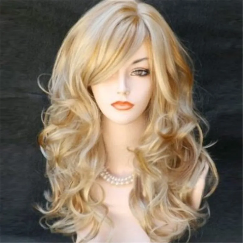 Fashion Sexy women wigs ombre natural hair heat resistant synthetic wigs high quality long curly wig 70cm blonde wig cosplay 