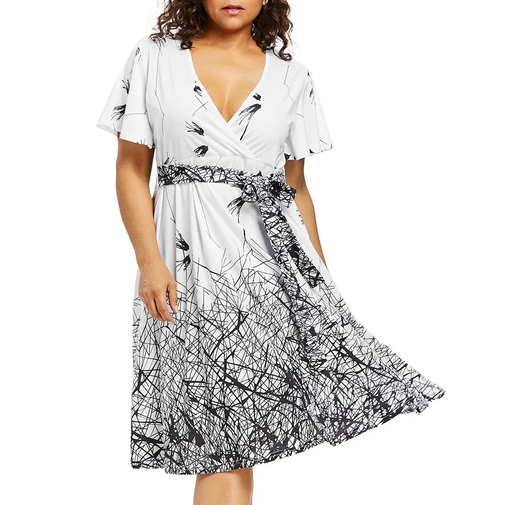 

Bandage Dress For Women Plus Size Casual Print Midi Dresses V-Neck Short Sleeve High Waist Bandage Tie Vestidos Elegant Dress