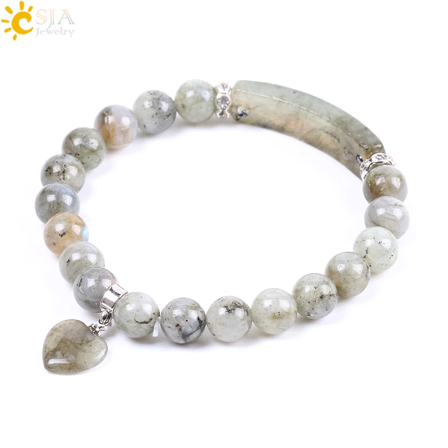 

CSJA Natural Stone Bracelet Trendy Handmade Beaded Bangle Labradorite Beads Rectangle Love Heart for Women Men Yoga Jewelry F103