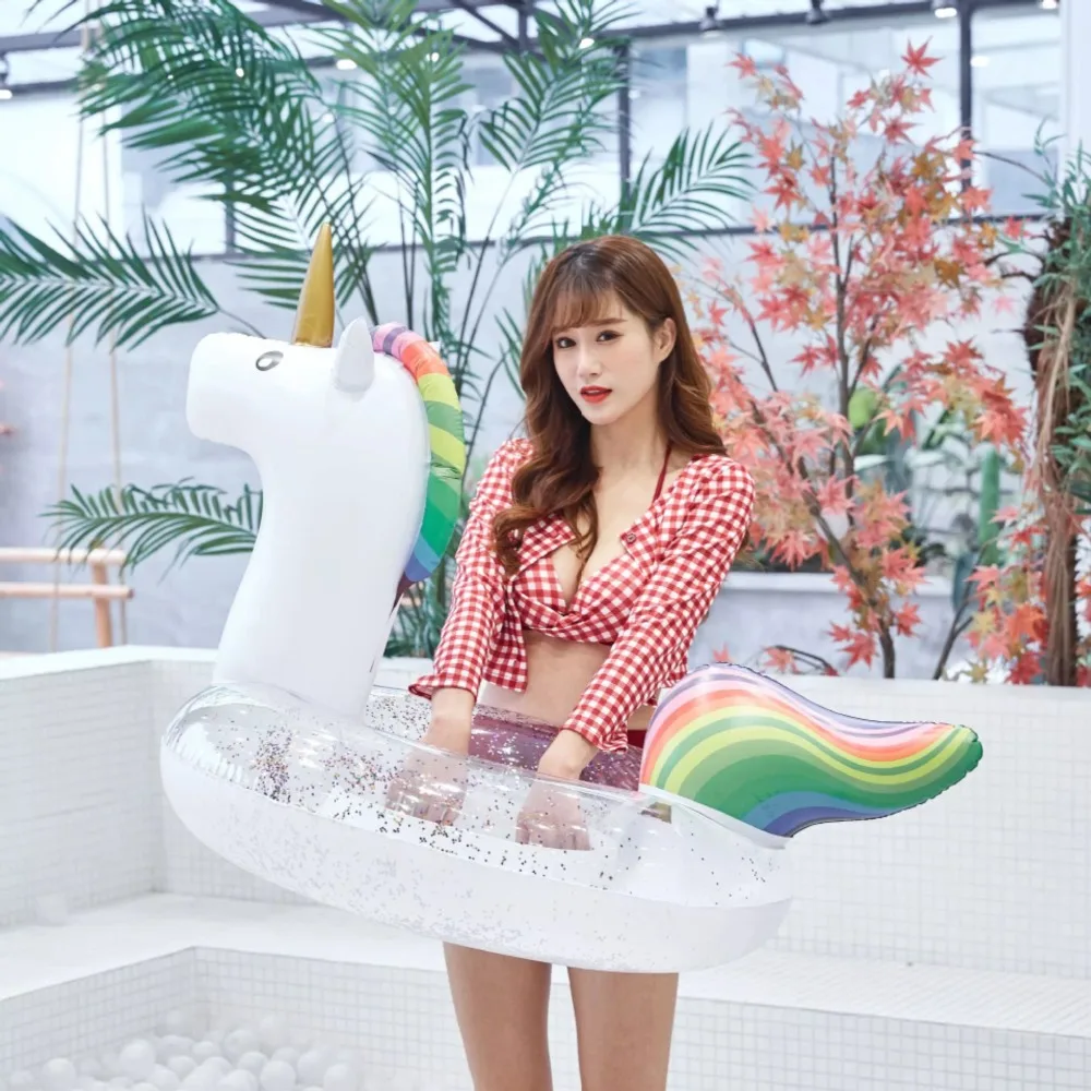 

The New Adult Super Large Swimming Ring Summer Party Shiny Rainbow Unicorn Inflatable Seat Float Kids Gift Pool Toys Beach Party
