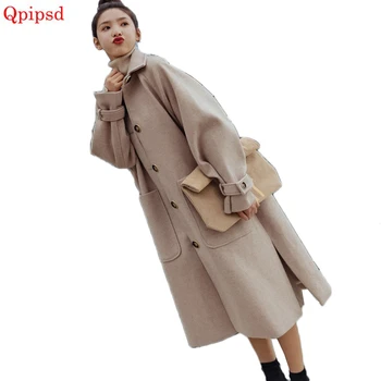 

New Fashion woolen outerwears women 2019 Retro single-breasted cashmere autumn and winter wool jacket long sections woolen coats