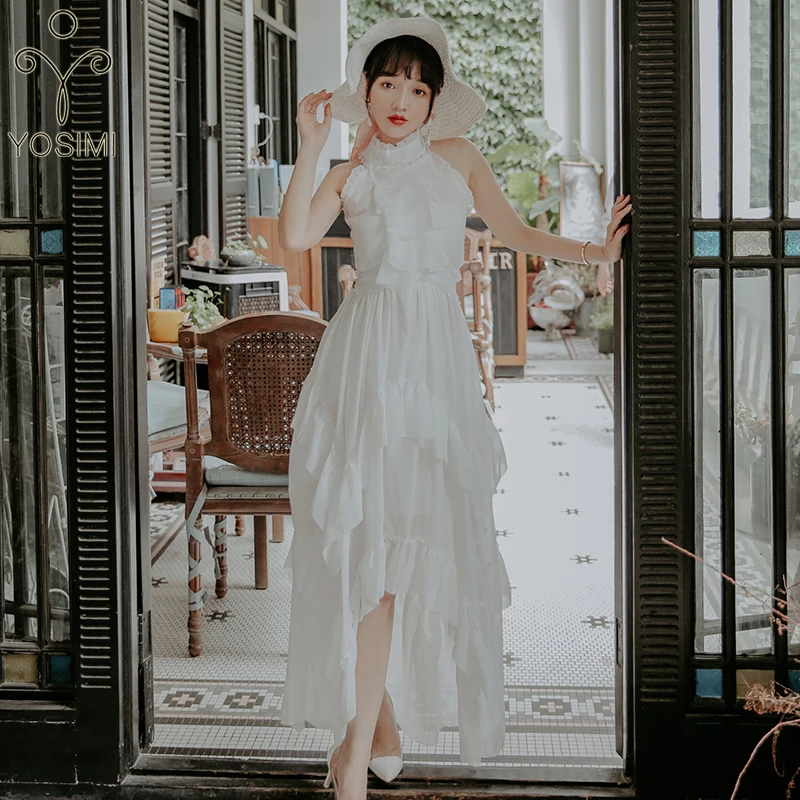 

YOSIMI 2019 Summer Ladies Party Dress Maxi Elegant Chiffon Long Women Dress Sexy Lady Party Stand-neck White Dresses Female