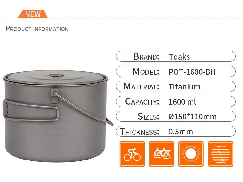 Panela de Titânio Toaks Ultraleve Titanium Camping Panelas Picnic Pendure Panela 1600ml 1.6l Pot 5 Cheap Louça para ar livre
