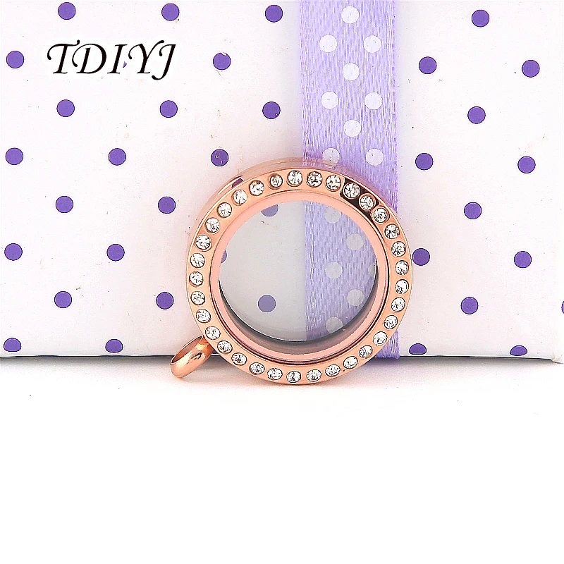 

TDIYJ New Arrival 25mm Stainless Steel Rose Gold Round Magnetic Floating Locket with Crystals as Gifts for Lover 10pcs/lot