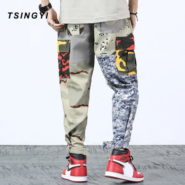 Tsingyi Summer Camouflage Military Men Cargo Pants Spliced Hip Hop Cotton Camo Multi Pockets Drawstring Tactical Mens Joggers