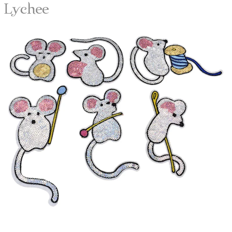 

Lychee Set of 6 Cute Mouse Sequins Patches DIY Embroidered Iron-On Patch Applique Embroidery Accessory Clothing Decoration