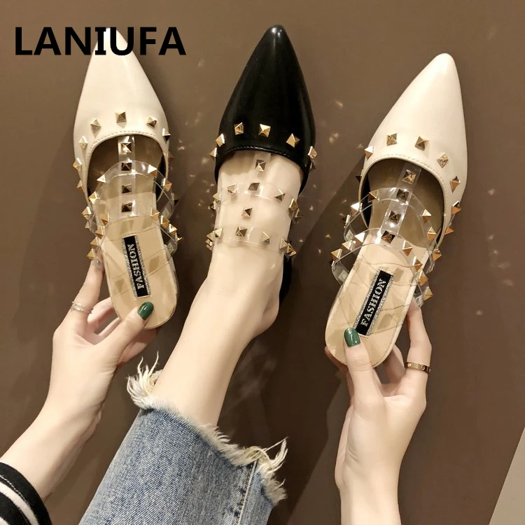 

summer Women shoes Slippers women pu Leather Pointed Toe Casual Rivets Slip on med heels dress shoes women Slippers mujer #649