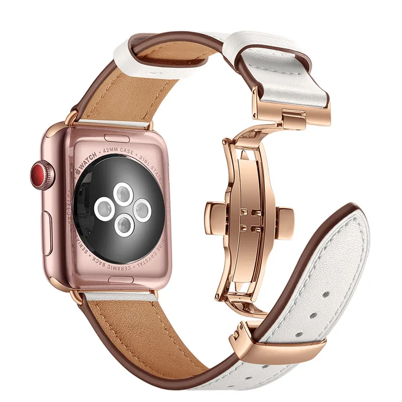 Rose Gold Butterfly Clasp Leather Watch Strap For Apple Watch Band 38mm 42mm For iWatch Fashion Replace Bracelet Watchbands