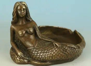 

NOBLE CHINESE OLD BRONZE COLLECT HANDWORK CARVED SEA MERMAID STATUE Ashtrays