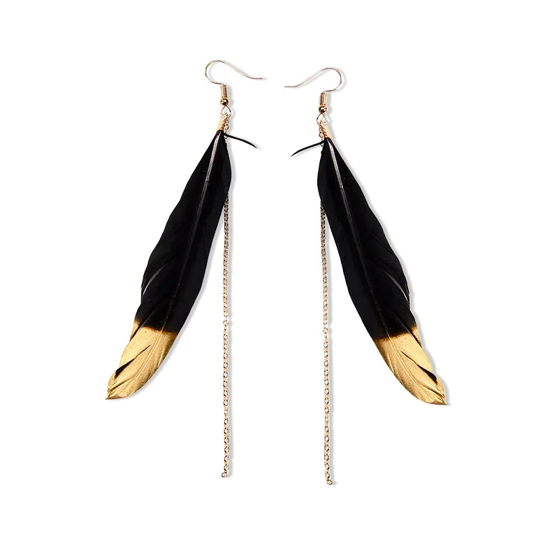 

Golden Top Black & White Real Feather Long Chain Tassel Dangle Earrings for Women Drop Earrings