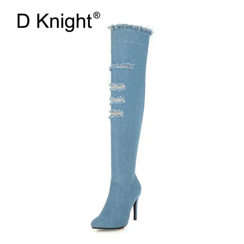 

2018 Winter Boots Sexy Pointed Toe Women's Over The Knee Boots Fashion Denim Blue Thigh High Boots Large Size 48 High Heels Shoe