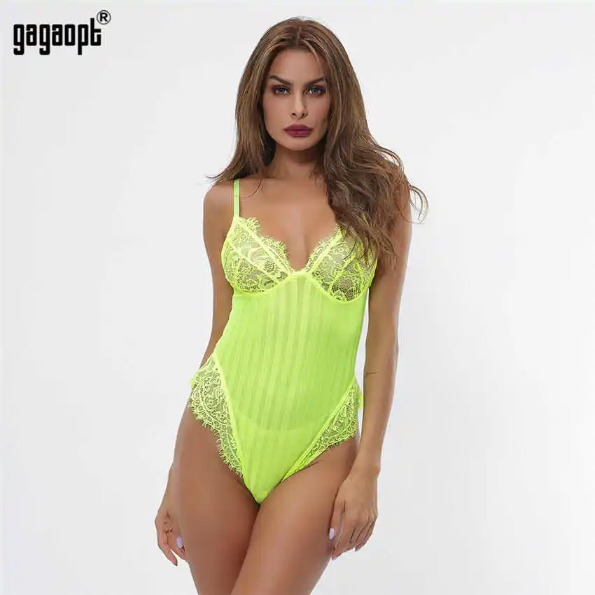 Gagaopt Соблазнительные Кружевные Боди женские открытые обтягивающие боди модные комбинезоны Romopers Body Feminino - Цвет: Neon Green