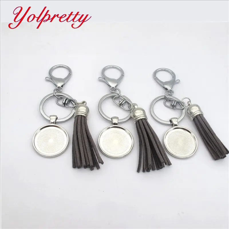 

Yolprtty dropshipping keychain 1pcs 25mm Creative Time Gemstone Gray tassel Key Keys Metal Accessories cameo setting findings