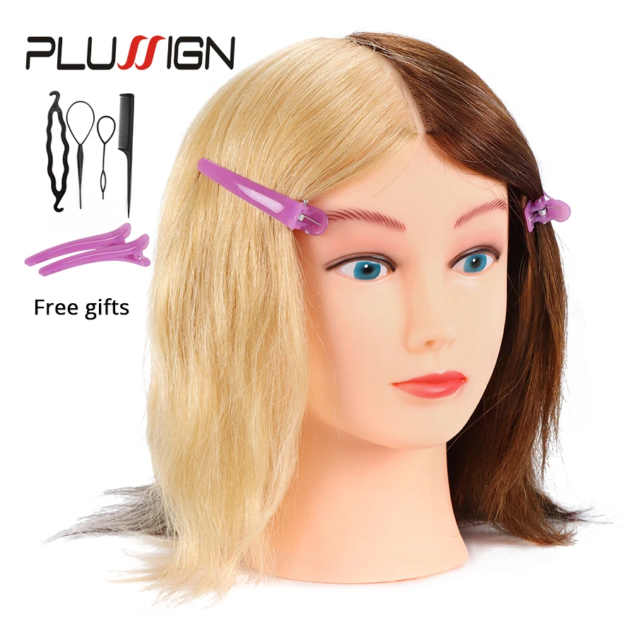 

Plussign Special Supply Human Hair Mannequin Head Training Head Four Color Cosmetology Manikin Head 27# 613# 2# Grey Color