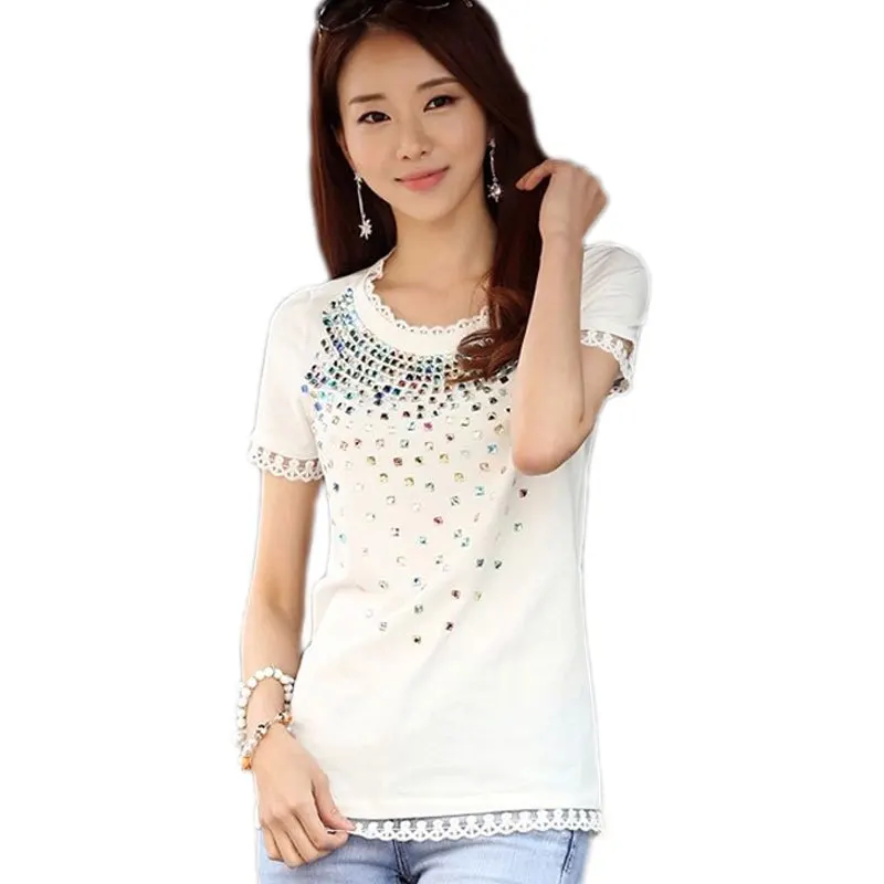 

Big Size XXL Women Blouse 2018 Summer Elegant Short Sleeve Slim Rhinestone Lace Patchwork Cotton White Blouse Tops Female Blusas