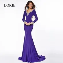 Lila Prom Kleider 2017 Vestido Longo Tiefer Kristalle Perlen Meerjungfrau Abendkleider Langarm Sheer Zurück Formales Partei-kleid