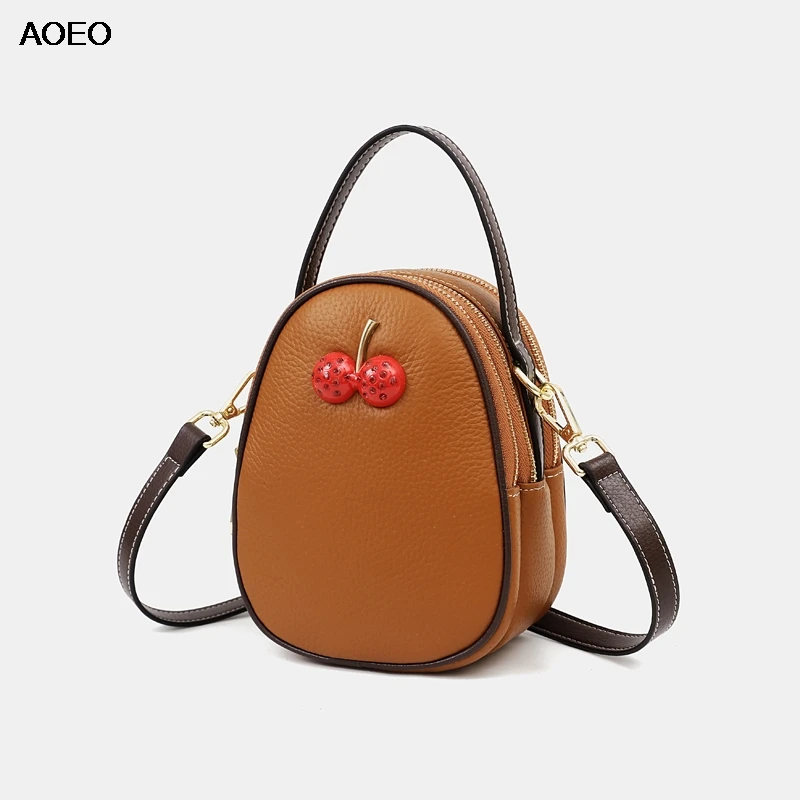 AOEO صغيرة Crossbody حقائب للنساء جلد طبيعي 3 سستة جيب لطيف الكرز سيدة يد فتاة الكتف حقيبة ساعي الإناث