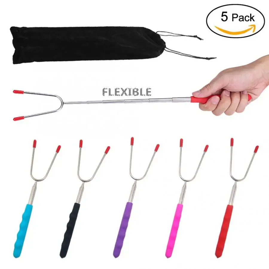 New Style 5Pcs Telescoping BBQ Hot Dog Skewers Forks Roasting Sticks Camping Barbecue Tool Gadgets |