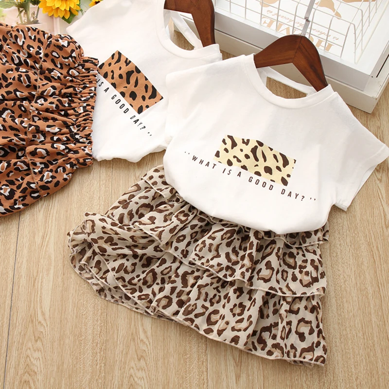 Girls Clothes Set Summer White Shirt with Chiffon Leopard Cake Skirt 2 Pieces Sets Little Kids Cotton Clothing Suit