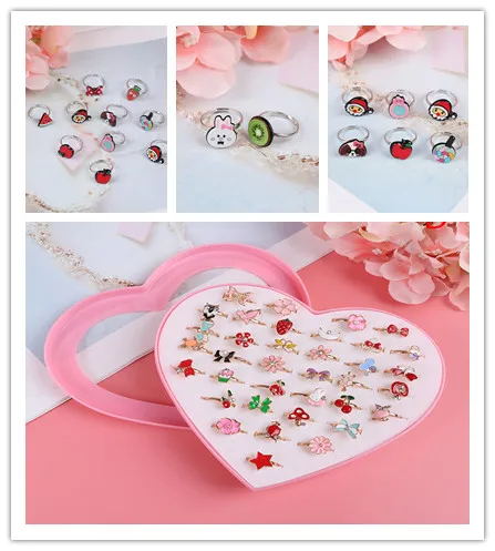 2/6/10/36pcs/Trendy Kid Crystal Silver Rings For Girl Adjust Colorful Crystal Cartoon Cat Bow Wedding Ring Gift