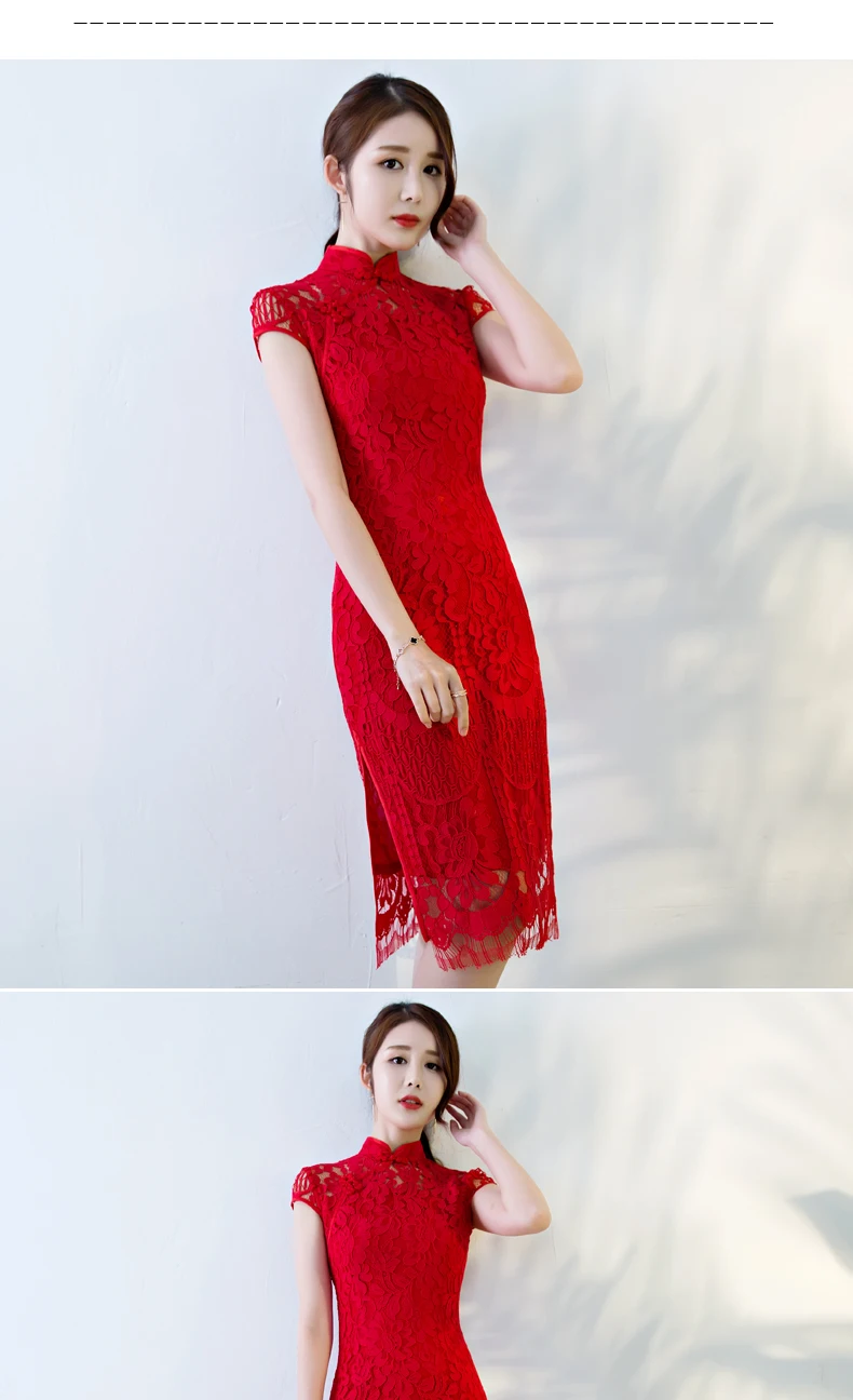 За рубежом китайский красный кружевной Cheongsam торжественное платье Для женщин Vestido Oriental Воротники пикантные длинные традиционные Для
