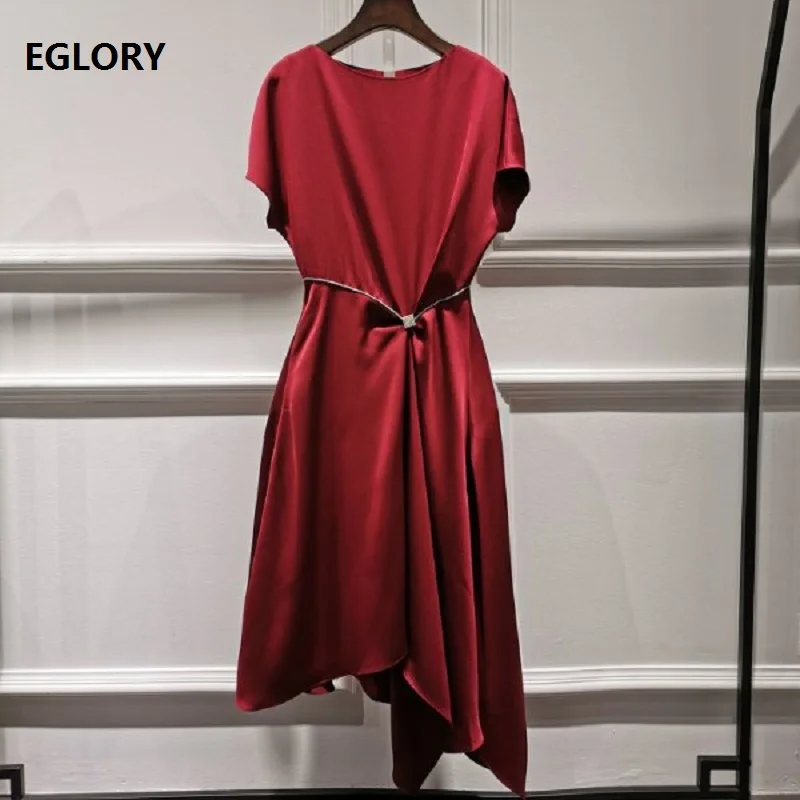 

Top Quality New 2019 Summer Business Women's Dress Crystal Beading Short Sleeve Asymmetrical Style Wine Red Black Dress Parties