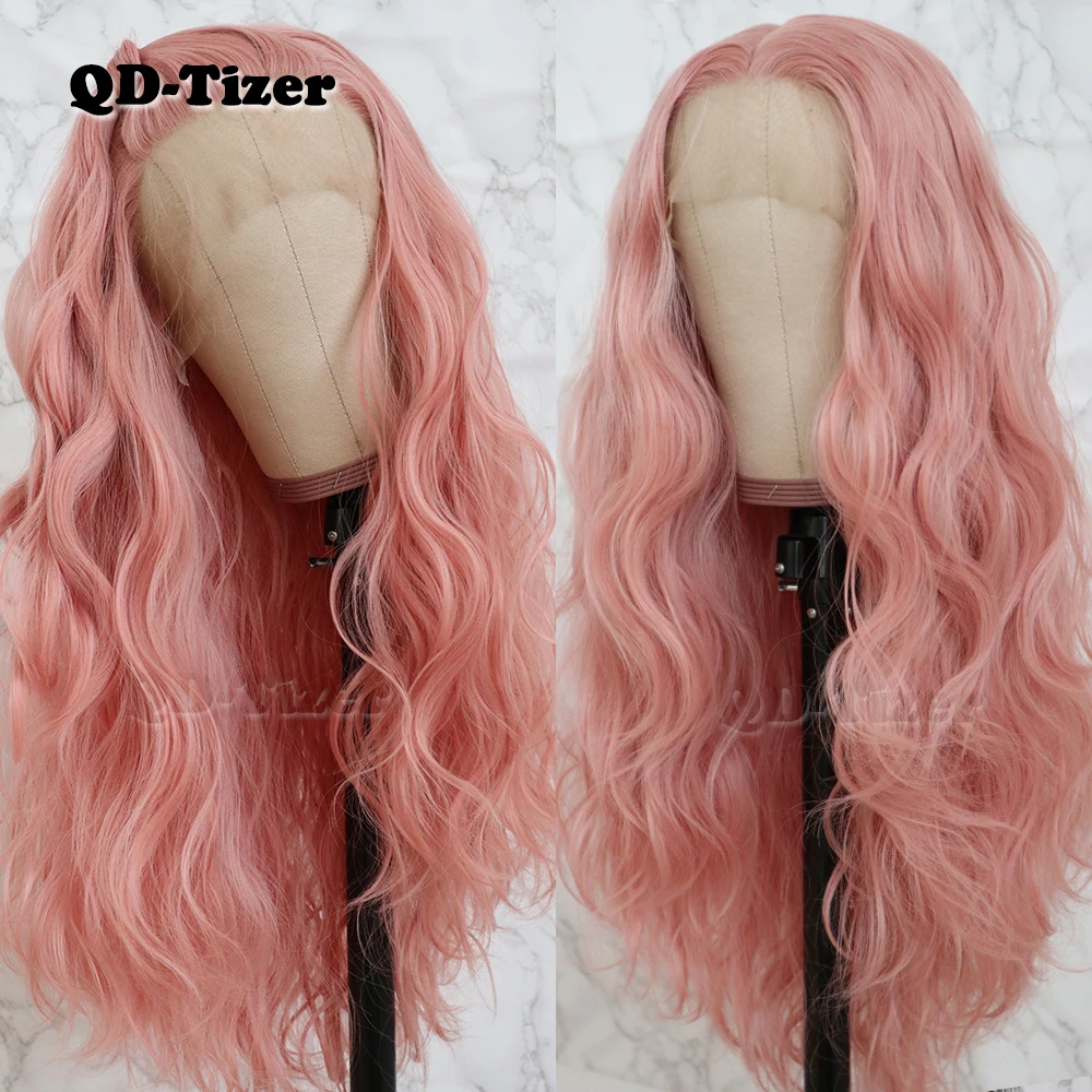 QD-Tizer Long Pink Hair Loose Wave Hair Lace Wigs Free Part Glueless Synthetic Lace Front Wigs for Fashion Women