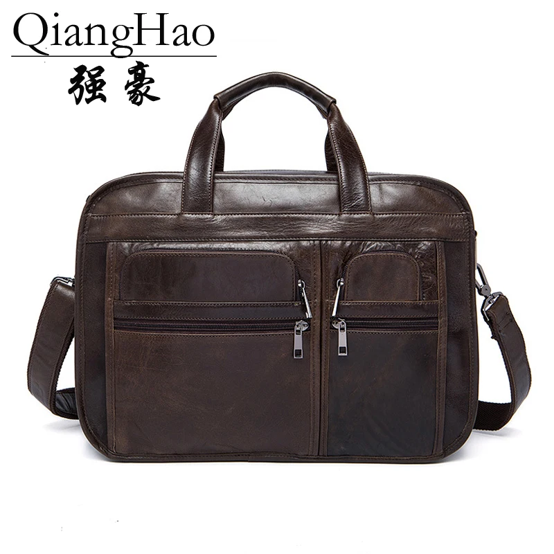 14 inch 100Men Genuine leather Briefcase Vintage Laptop Briefcases